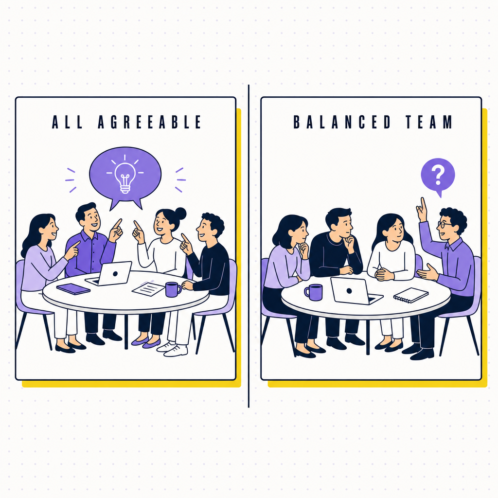 A two-panel schematic: on the left, a uniformly agreeable team nodding in a meeting with one idea on the table; on the right, a balanced team where one member is asking a sharp question while others lean in, in the Team Building Bot house style