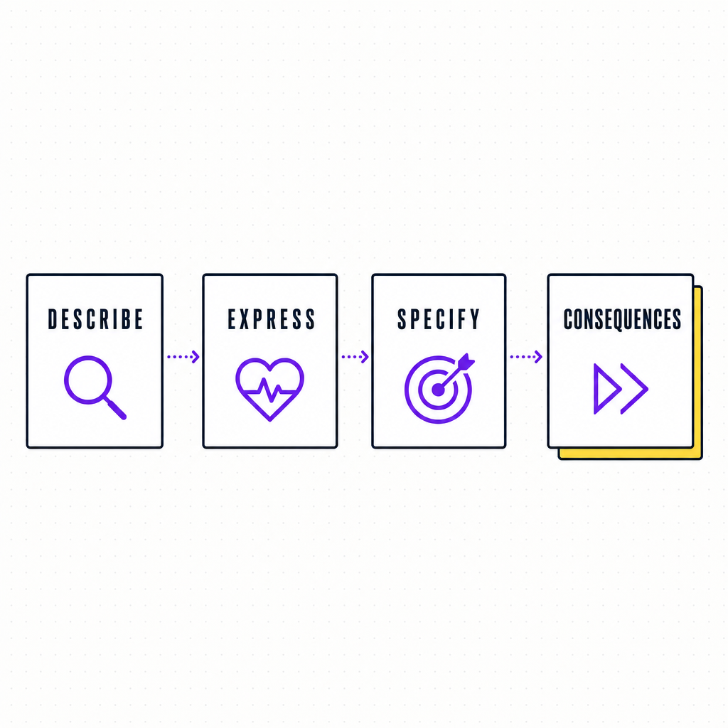 A four-step DESC feedback script shown as labelled cards reading Describe, Express, Specify, Consequences, in the Team Building Bot house style