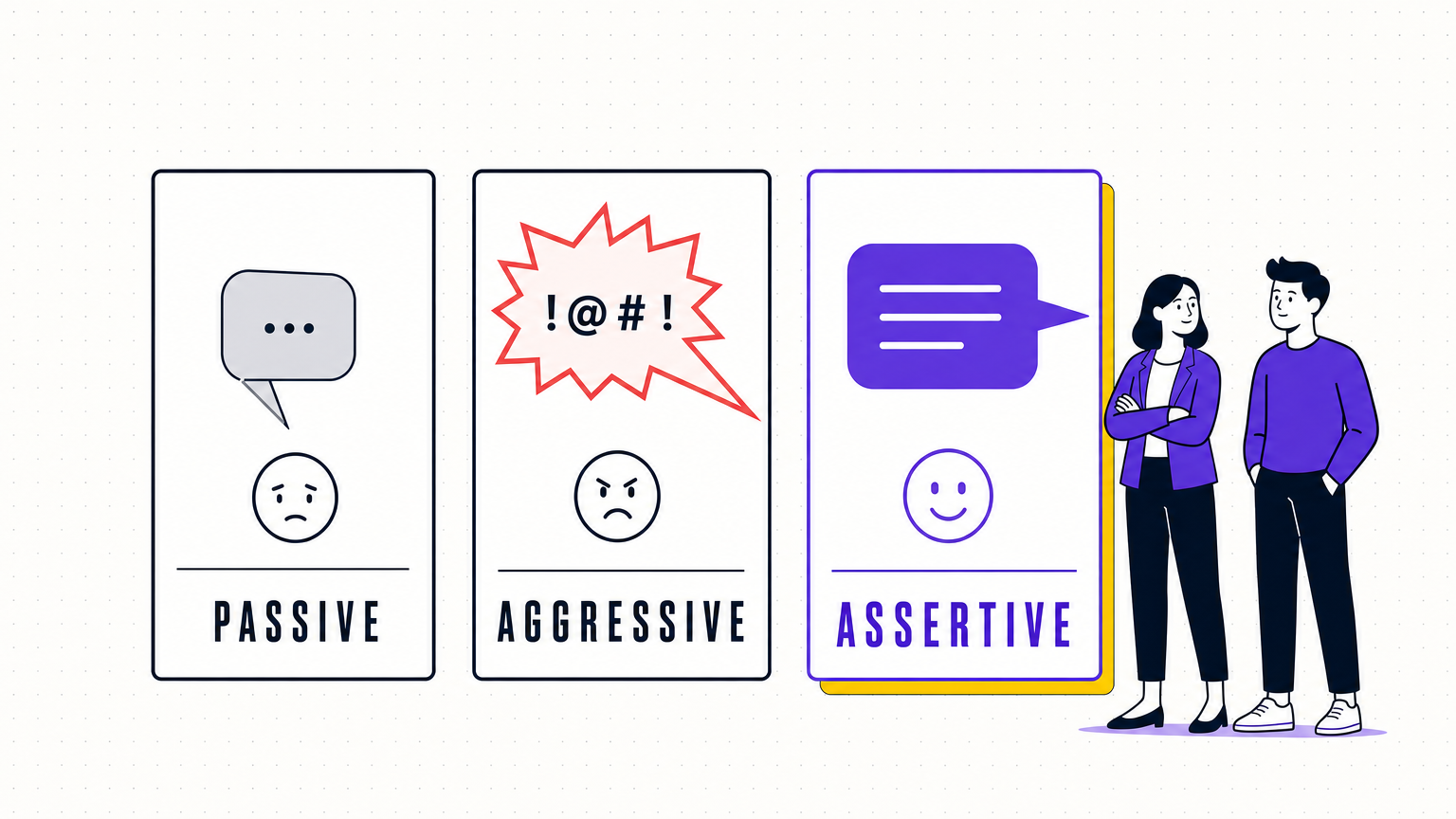 An editorial illustration contrasting passive, aggressive, and assertive communication as three labelled speech-bubble cards, in the Team Building Bot house style