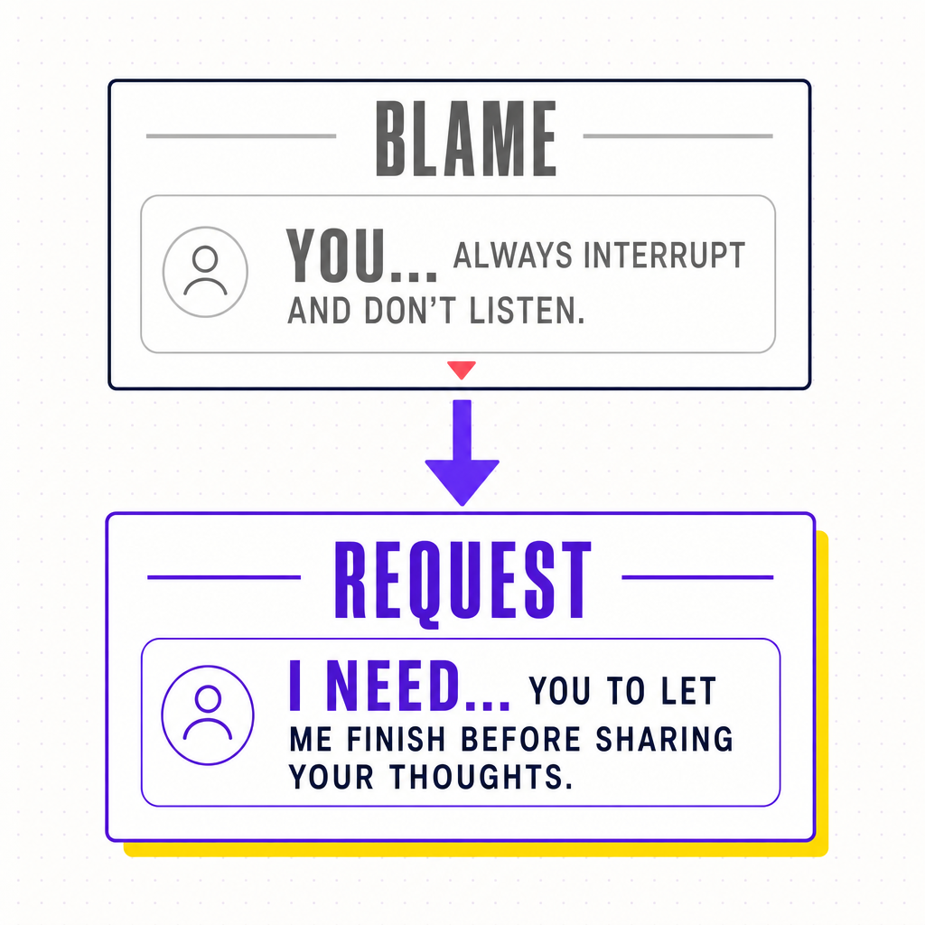 A simple before-and-after card showing a 'you' blame sentence rewritten as an 'I need' request, in the Team Building Bot house style