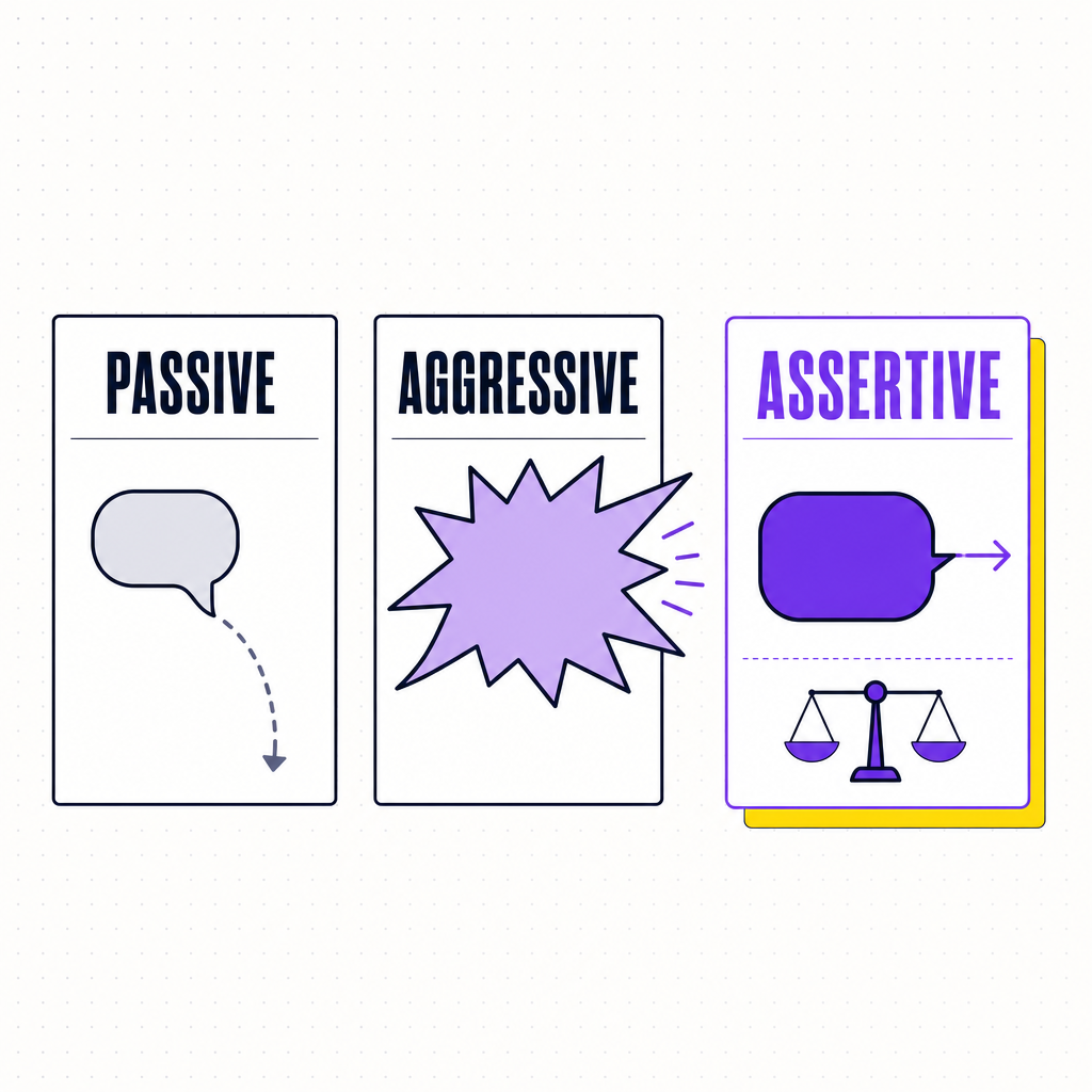 Passive, aggressive, and assertive communication shown as three labelled speech-bubble cards with the assertive one highlighted, in the Team Building Bot house style