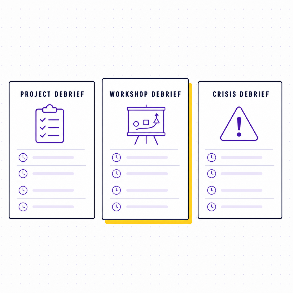 Three template cards side by side, a project debrief, a workshop debrief, and a crisis debrief, each showing a short agenda with timings, in the Team Building Bot house style