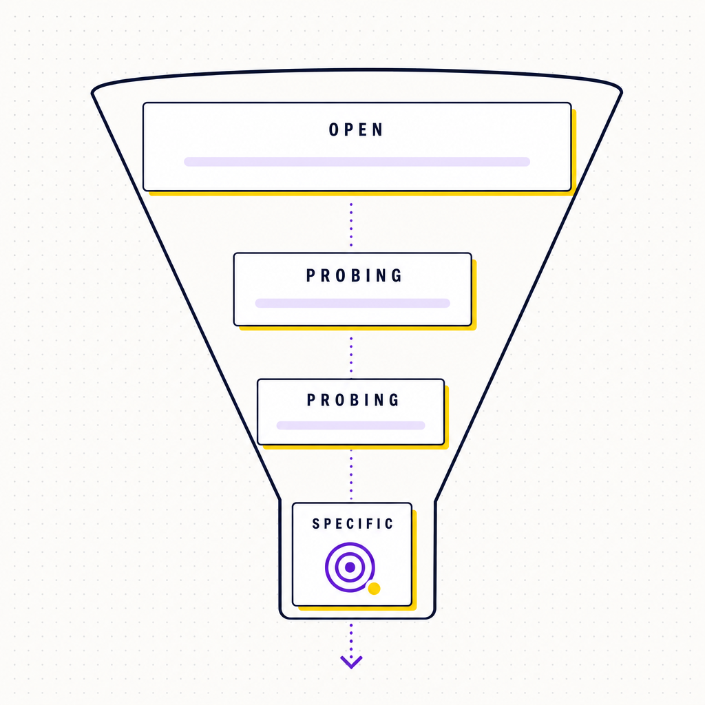 A funnel diagram showing debrief questions narrowing from a wide opening prompt at the top, through probing questions in the middle, to a single specific question at the bottom, in the Team Building Bot house style