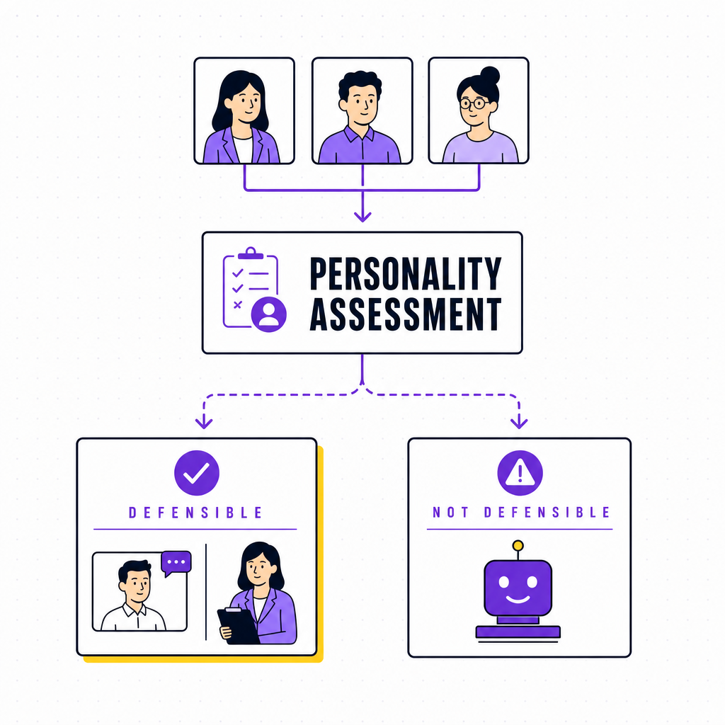 A schematic comparison of a job applicant funnel running through a personality assessment, with two paths labelled defensible and not defensible, in the Team Building Bot house style