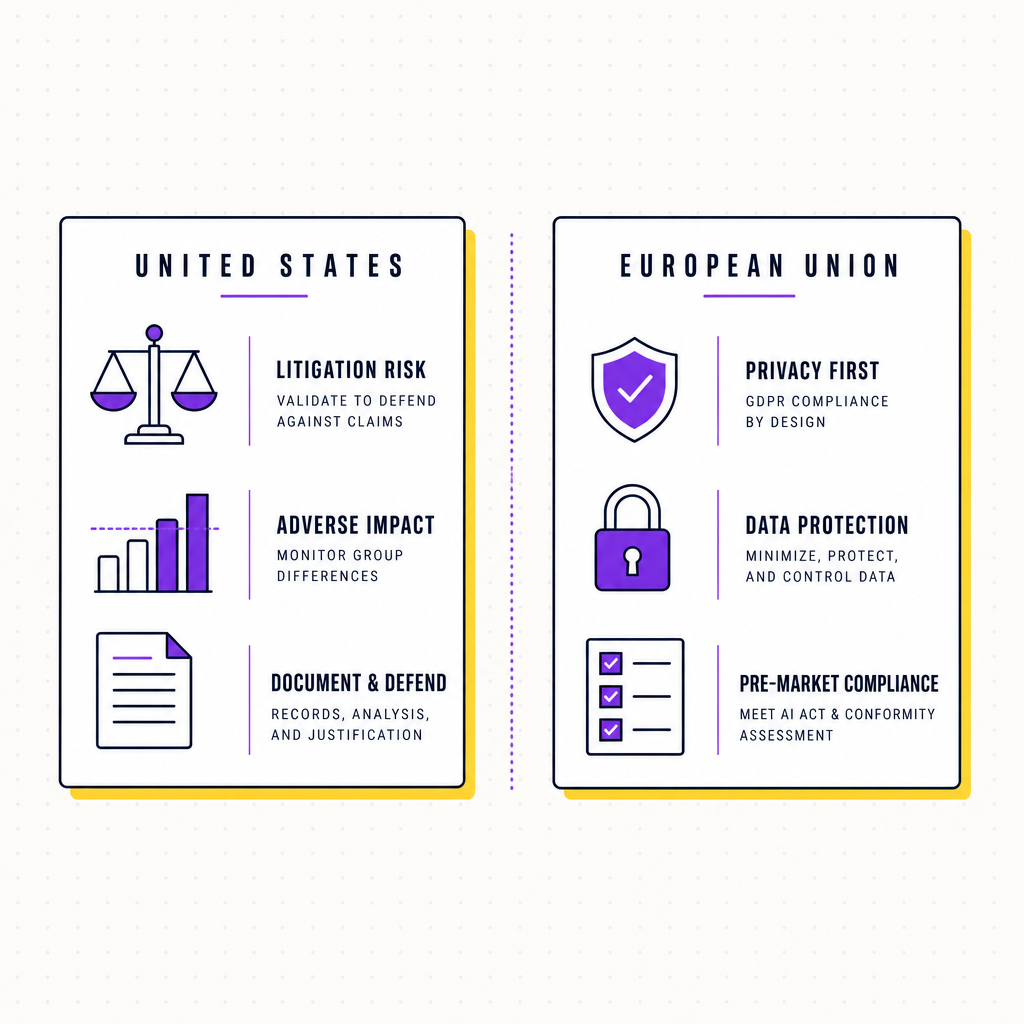 A two-panel schematic contrasting the US and the EU regulatory approach to personality testing in hiring, in the Team Building Bot house style