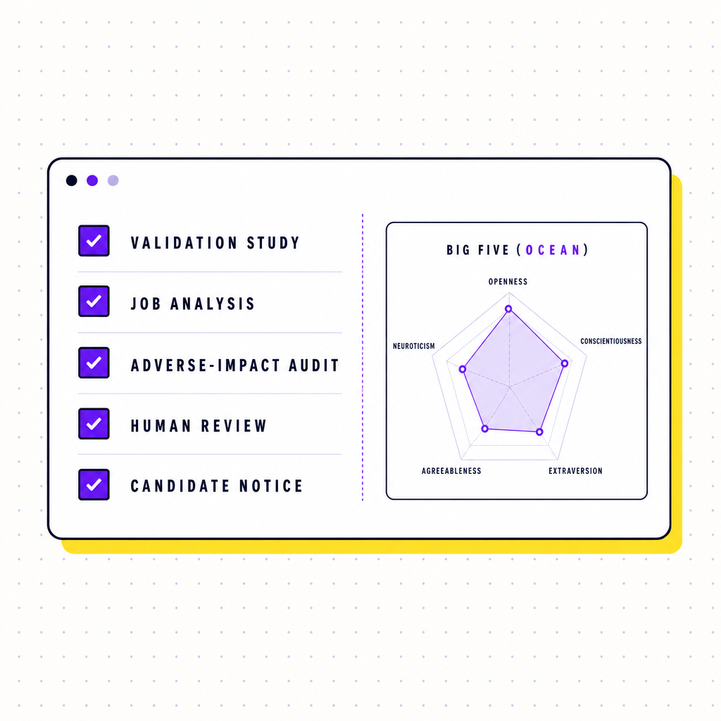 A schematic compliance checklist dashboard for a personality assessment, with audit, validation, and oversight rows, in the Team Building Bot house style