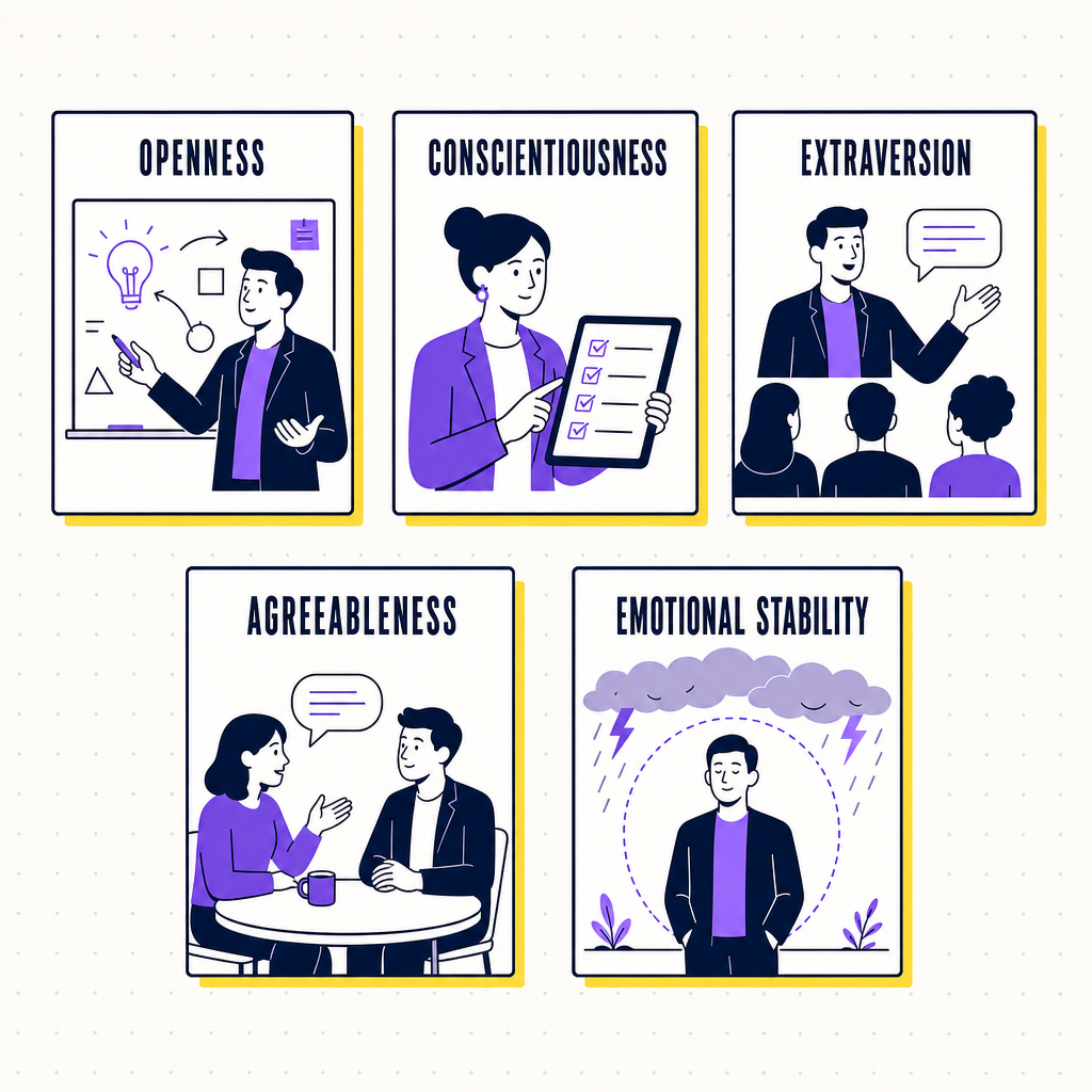 Five small portrait cards in a row, each illustrating one Big Five trait in a leadership context, with a soft pastel palette, in the Team Building Bot house style