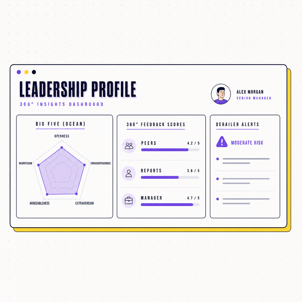 A leadership dashboard mock-up showing a Big Five radar overlaid with a 360 score column and a derailer alert panel, soft pastel UI, Team Building Bot house style