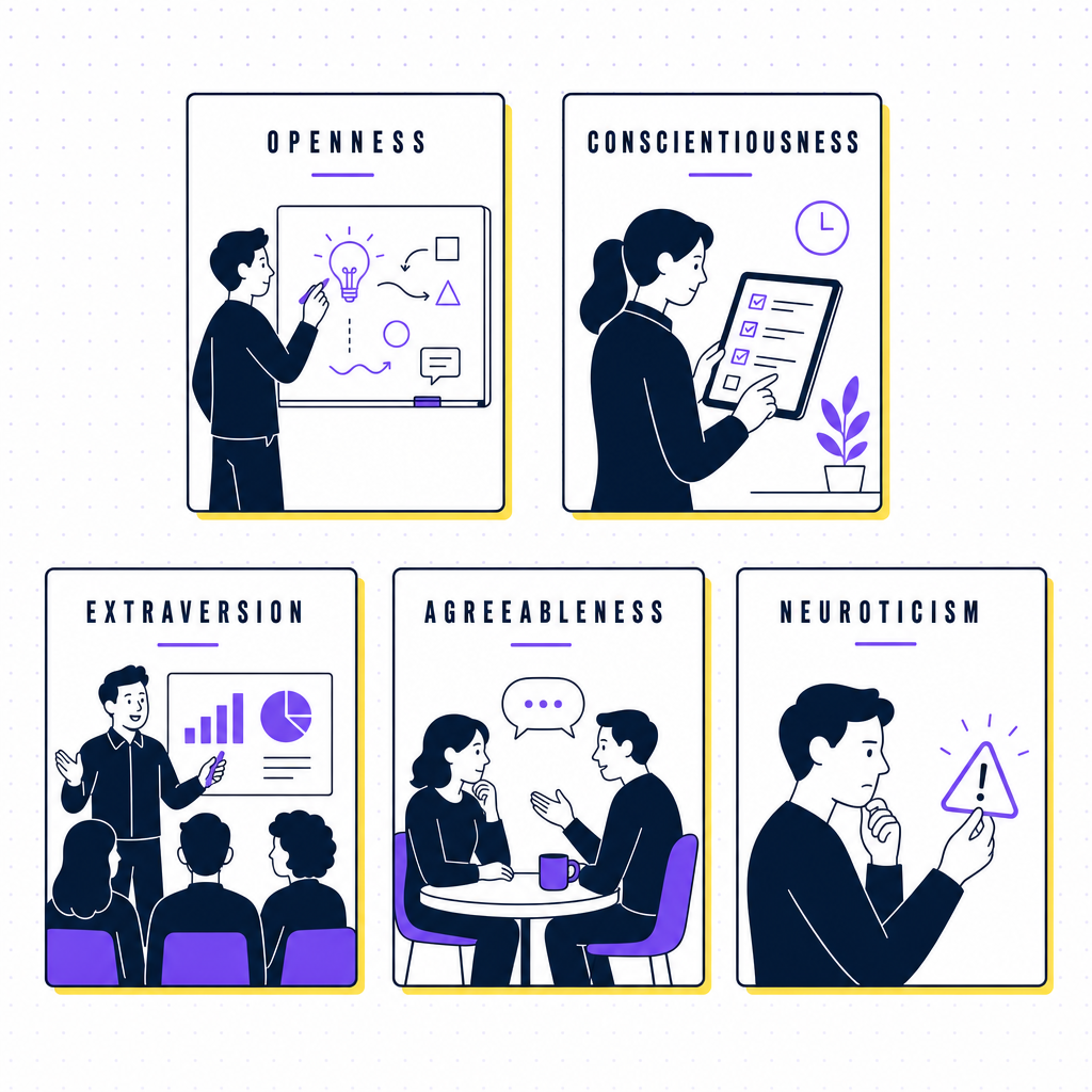 Five small portrait-style cards in a 2-3 grid, each illustrating one Big Five trait with a simple workplace scene, in the Team Building Bot house style
