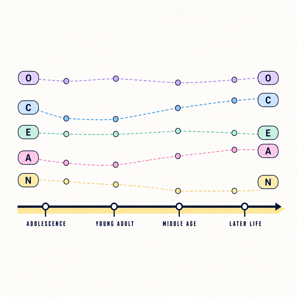 A schematic horizontal timeline showing personality stability across the lifespan, with small icons representing the Big Five traits at key life stages, in the Team Building Bot house style