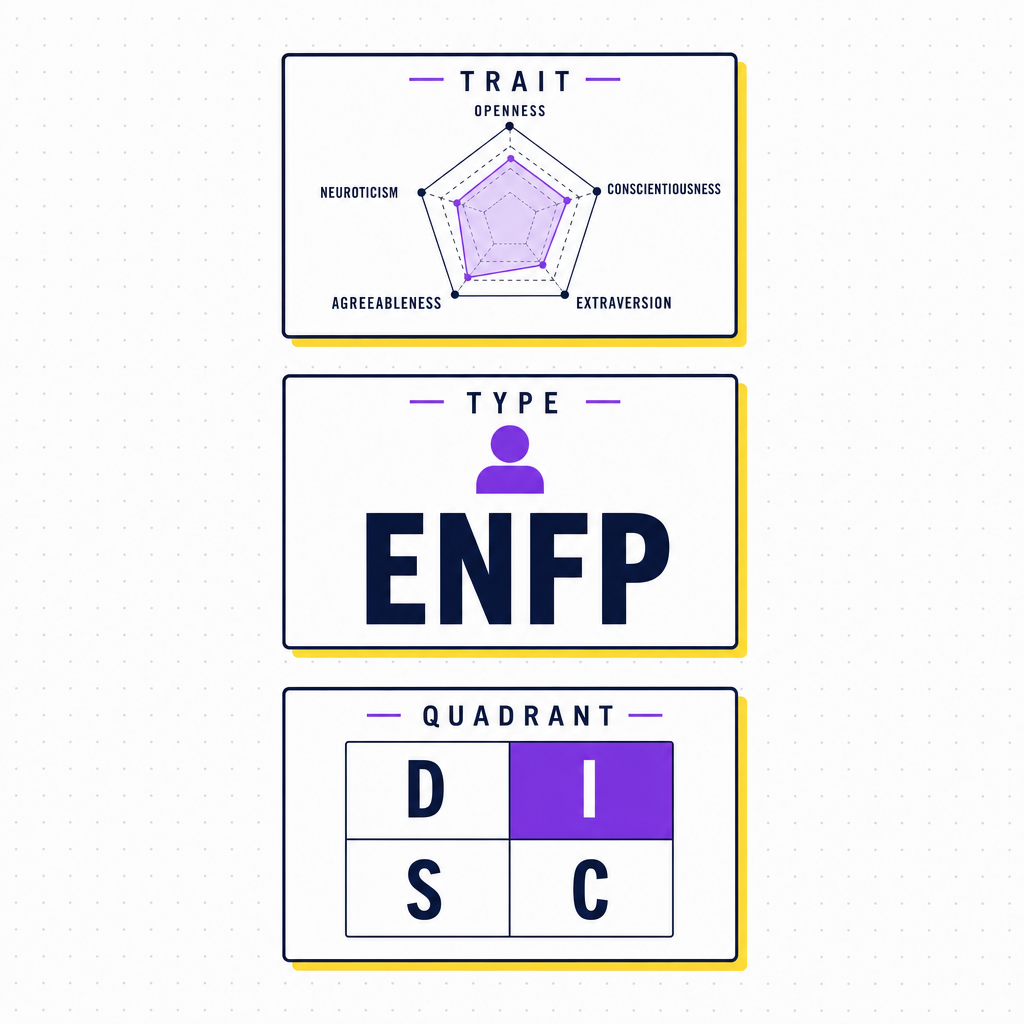 Side by side comparison of three personality framework cards, a Big Five radar chart with five axes, an MBTI four-letter type code, and a DISC four-quadrant grid, in the Team Building Bot house style