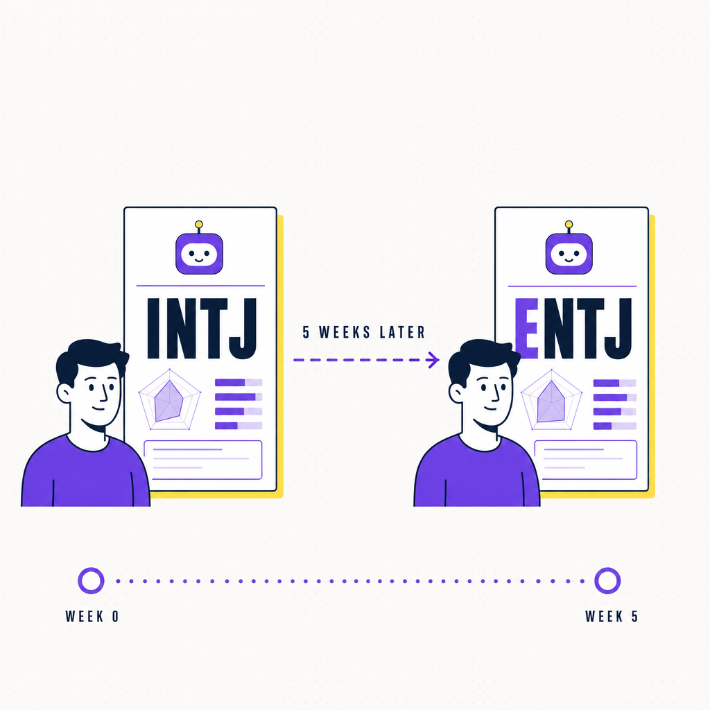 A schematic illustration of the MBTI test-retest problem, a person taking the test twice and getting different four-letter types, shown side by side with arrows and a dotted purple line, in the Team Building Bot house style