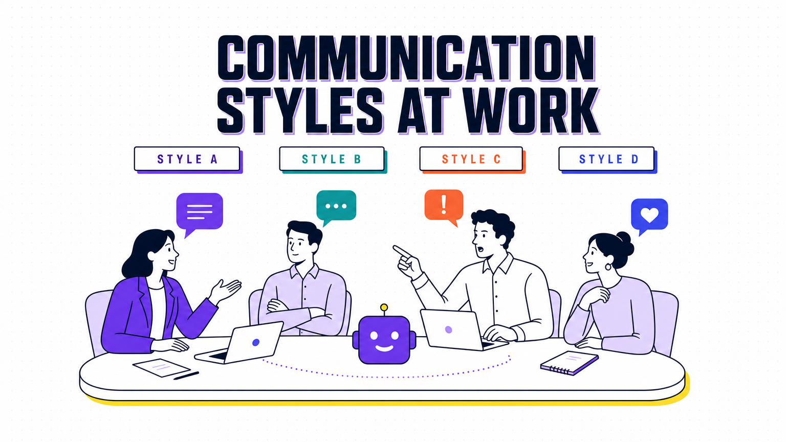 An editorial illustration of four workplace communication styles arranged around a meeting table, in the Team Building Bot house style
