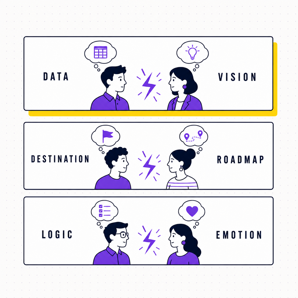A matrix showing how analytical, intuitive, functional, and personal communicators misread each other in meetings, in the Team Building Bot house style