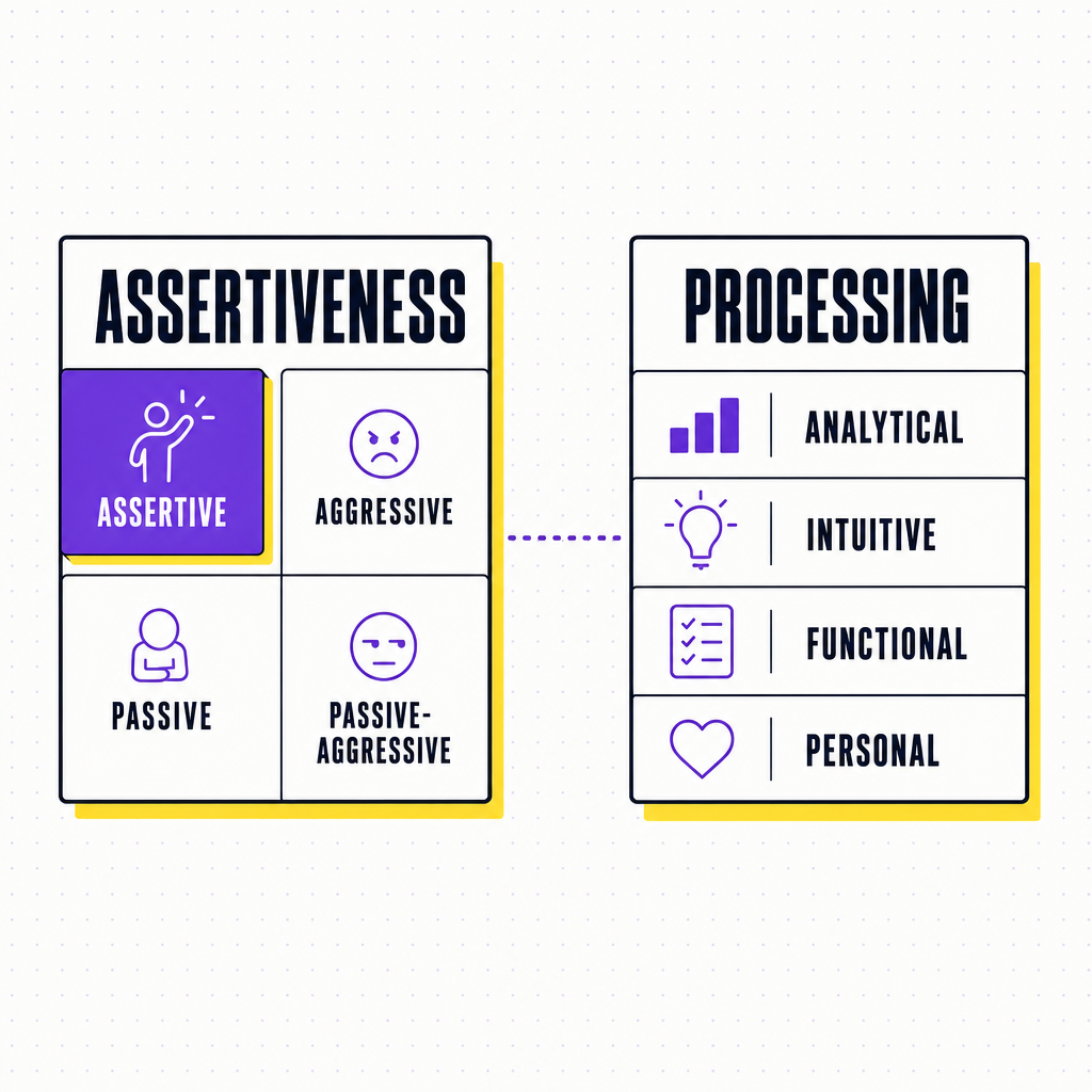 Two frameworks for workplace communication styles shown side by side: a four-quadrant assertiveness map and a four-style cognitive map, in the Team Building Bot house style