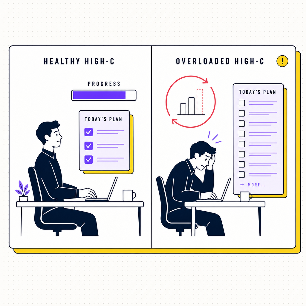A two-panel schematic: on the left, a conscientious employee thriving with a clear plan and steady progress bars; on the right, the same employee overwhelmed by unbounded work and a perfection loop, in the Team Building Bot house style