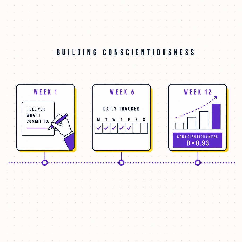 A schematic horizontal timeline showing three milestones in a twelve-week conscientiousness intervention: a value statement card at week one, a daily tracker grid at week six, and a small bar chart at week twelve indicating a large effect size, in the Team Building Bot house style