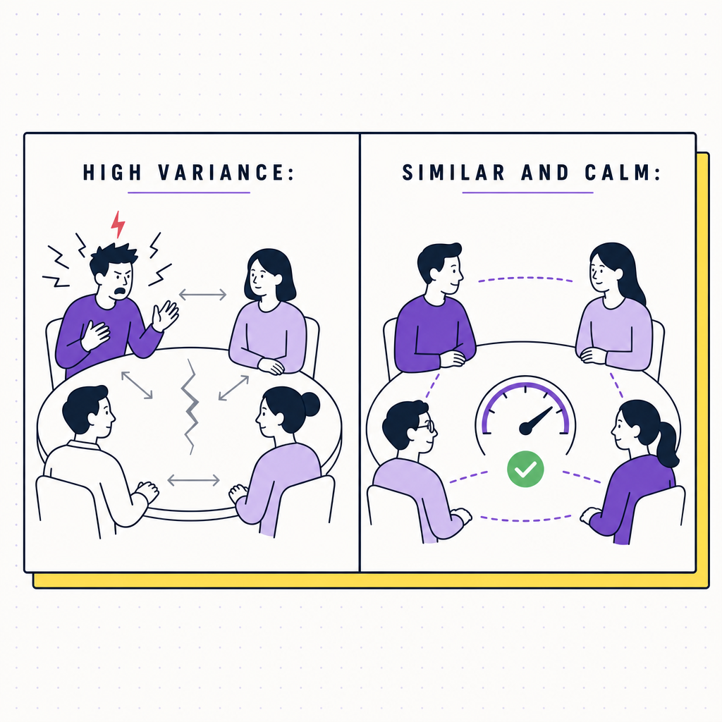 A two-panel schematic: on the left, a team with one highly reactive member and several flat-calm members generating friction arrows; on the right, a similarly-calm team coordinating smoothly under a pressure gauge, in the Team Building Bot house style