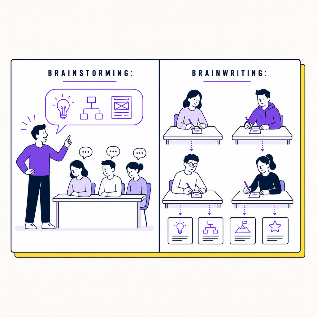 A two-panel schematic: on the left, a traditional brainstorming room with one dominant extravert figure speaking and three smaller silent figures; on the right, a brainwriting setup with four figures each writing on their own card in parallel, in the Team Building Bot house style