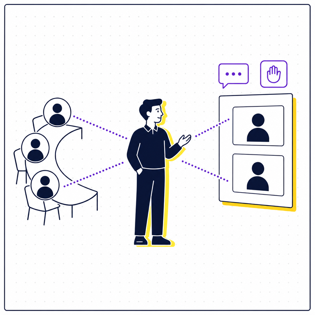 A clean editorial illustration of a hybrid meeting where remote participants on a screen are given equal presence to people in the room, with a facilitator balancing both, in the Team Building Bot house style