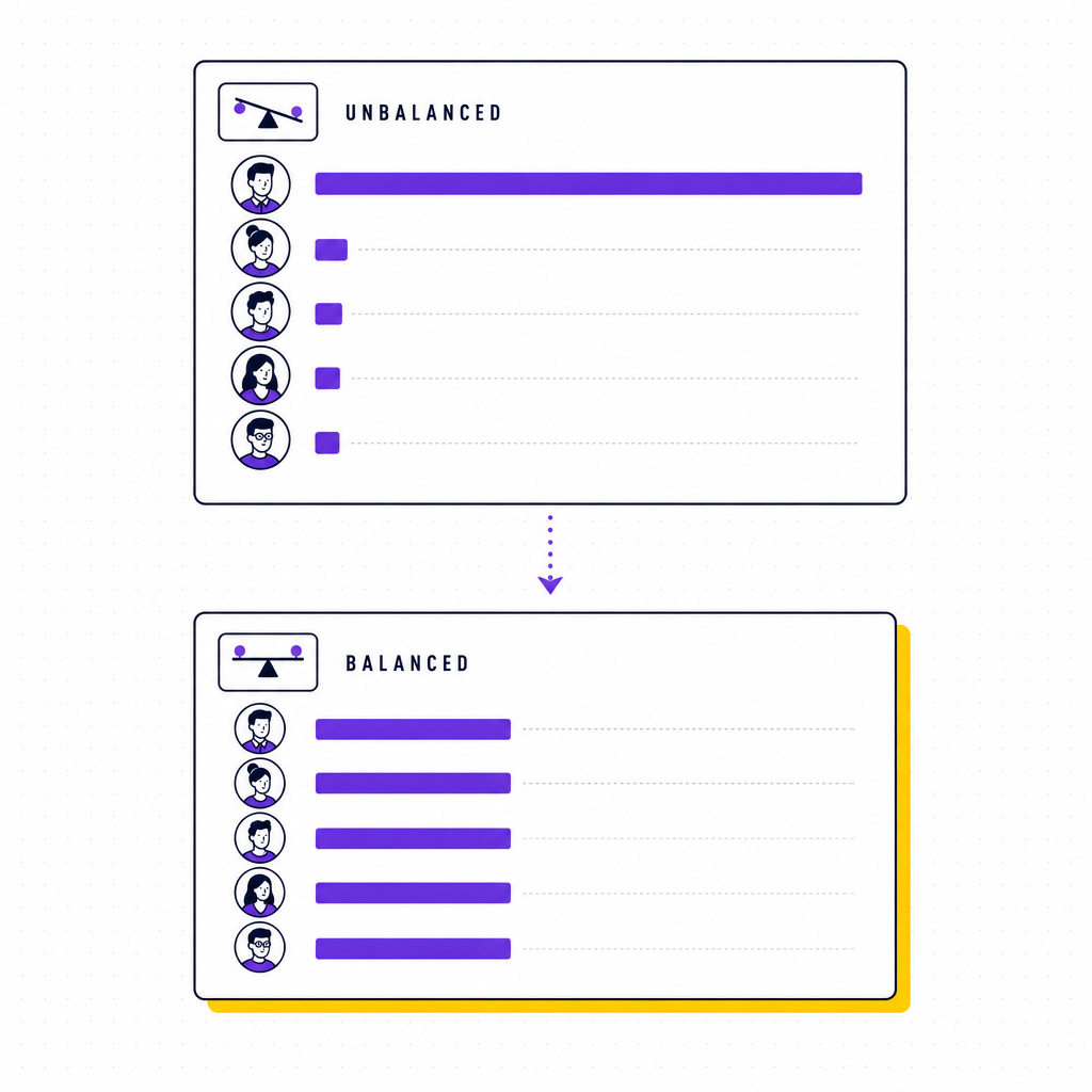 A clean editorial illustration contrasting an unbalanced meeting where one figure dominates the airtime with a balanced one where speaking time is shared evenly across the group, in the Team Building Bot house style