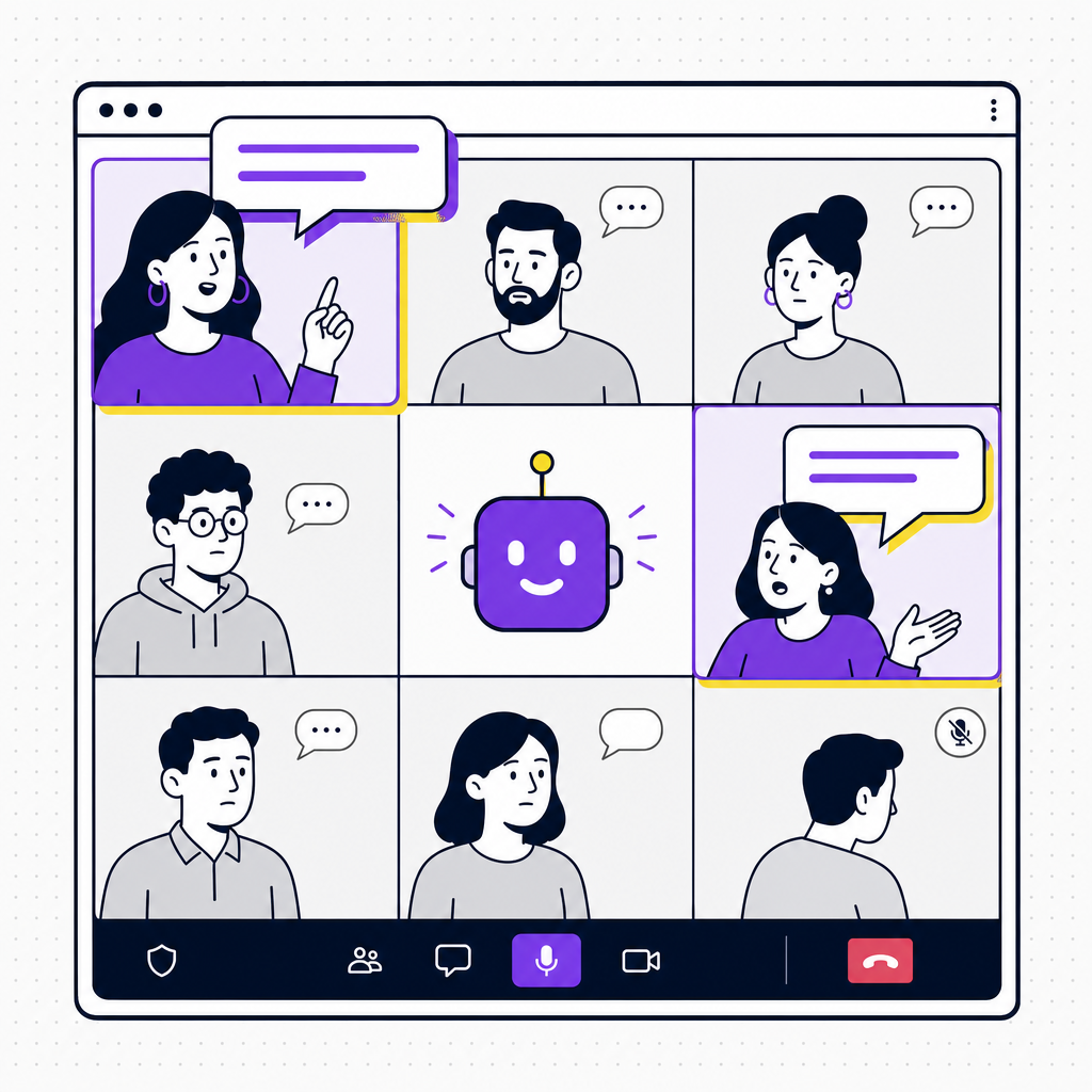 An editorial illustration showing a team stalled at a stage, with a few dominant voices speaking and quieter members disengaged, in the Team Building Bot house style