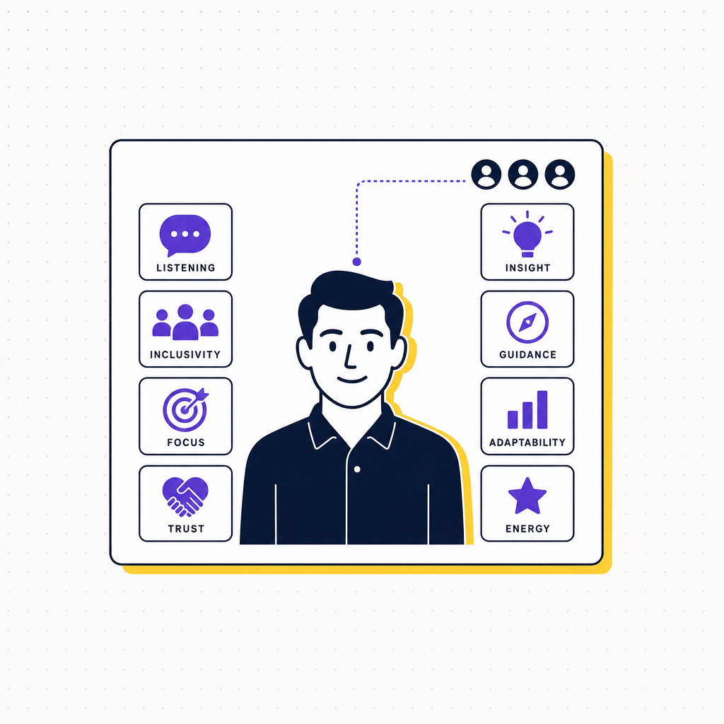 A clean editorial illustration of a neutral facilitator figure at the centre with eight labelled skill cards arranged around them and a small group talking nearby, in the Team Building Bot house style