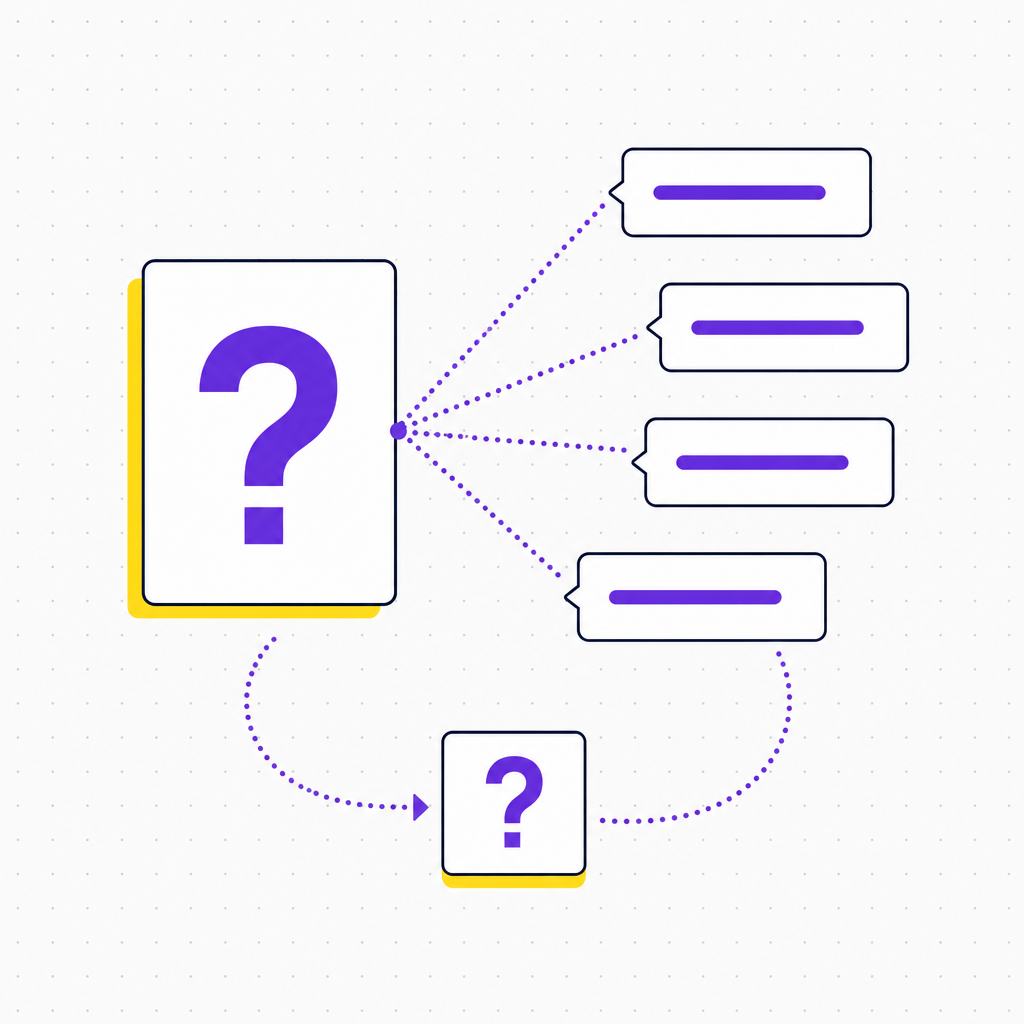 A clean editorial schematic showing a facilitator question fanning out into several participant response bubbles, with a dotted purple line looping a follow-up question back in, in the Team Building Bot house style