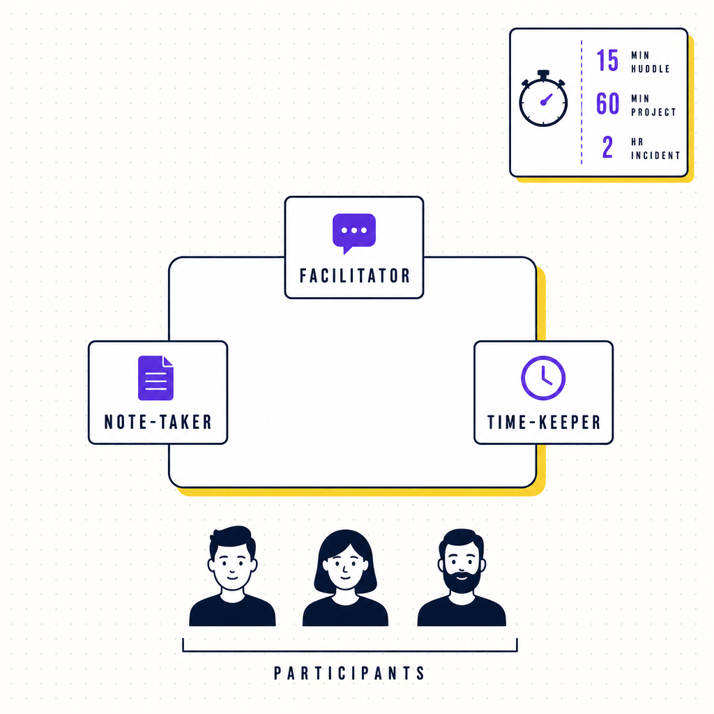 A diagram of the after-action review roles around a meeting table, facilitator, note-taker, and timekeeper, with a timebox card showing 15-minute huddle, 60-minute project, and two-hour incident lengths, in the Team Building Bot house style