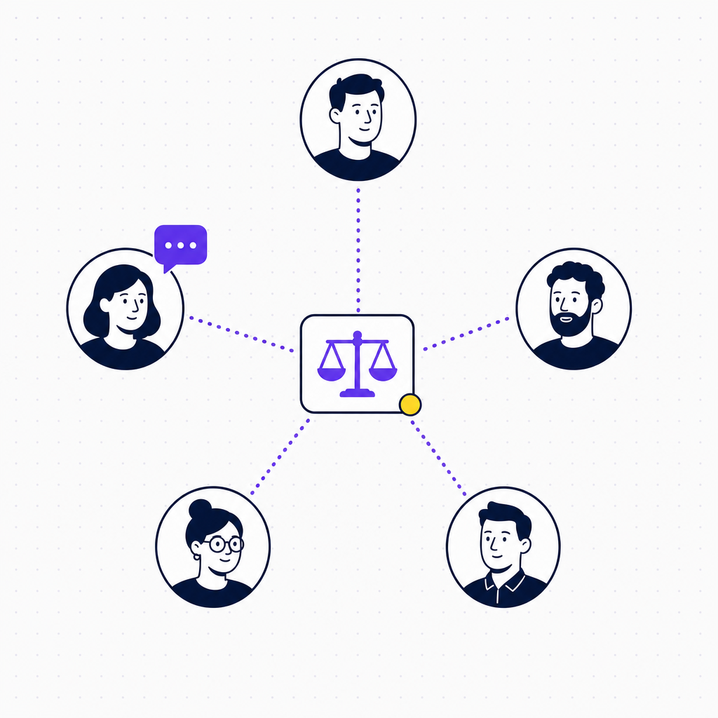 A clean editorial illustration showing a meeting opening round where each participant card lights up in turn, with a small balanced-scale icon showing even participation, in the Team Building Bot house style