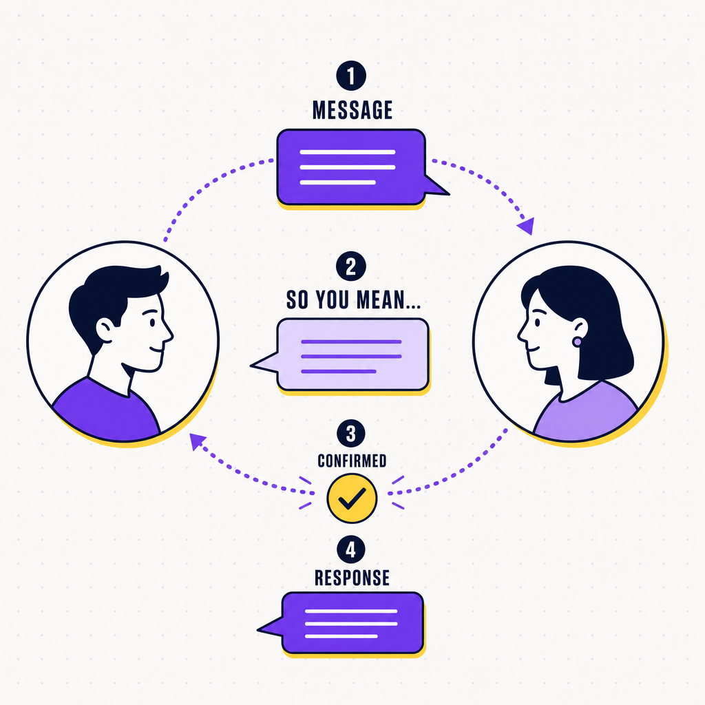 A two-step paraphrase loop showing a message being reflected back and confirmed before a response, in the Team Building Bot house style