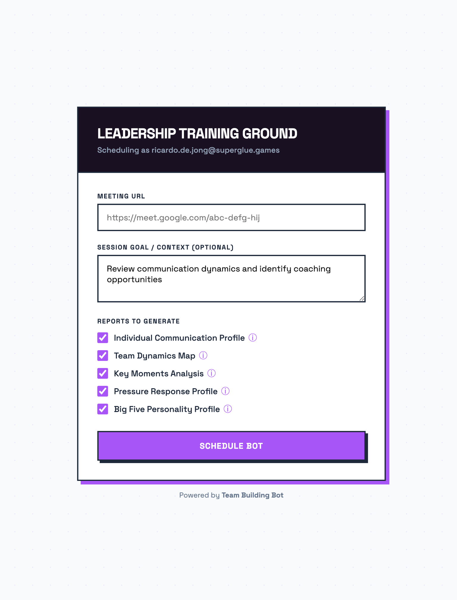 The Team Building Bot scheduling page, with Big Five Personality Profile listed and ticked under Reports to generate