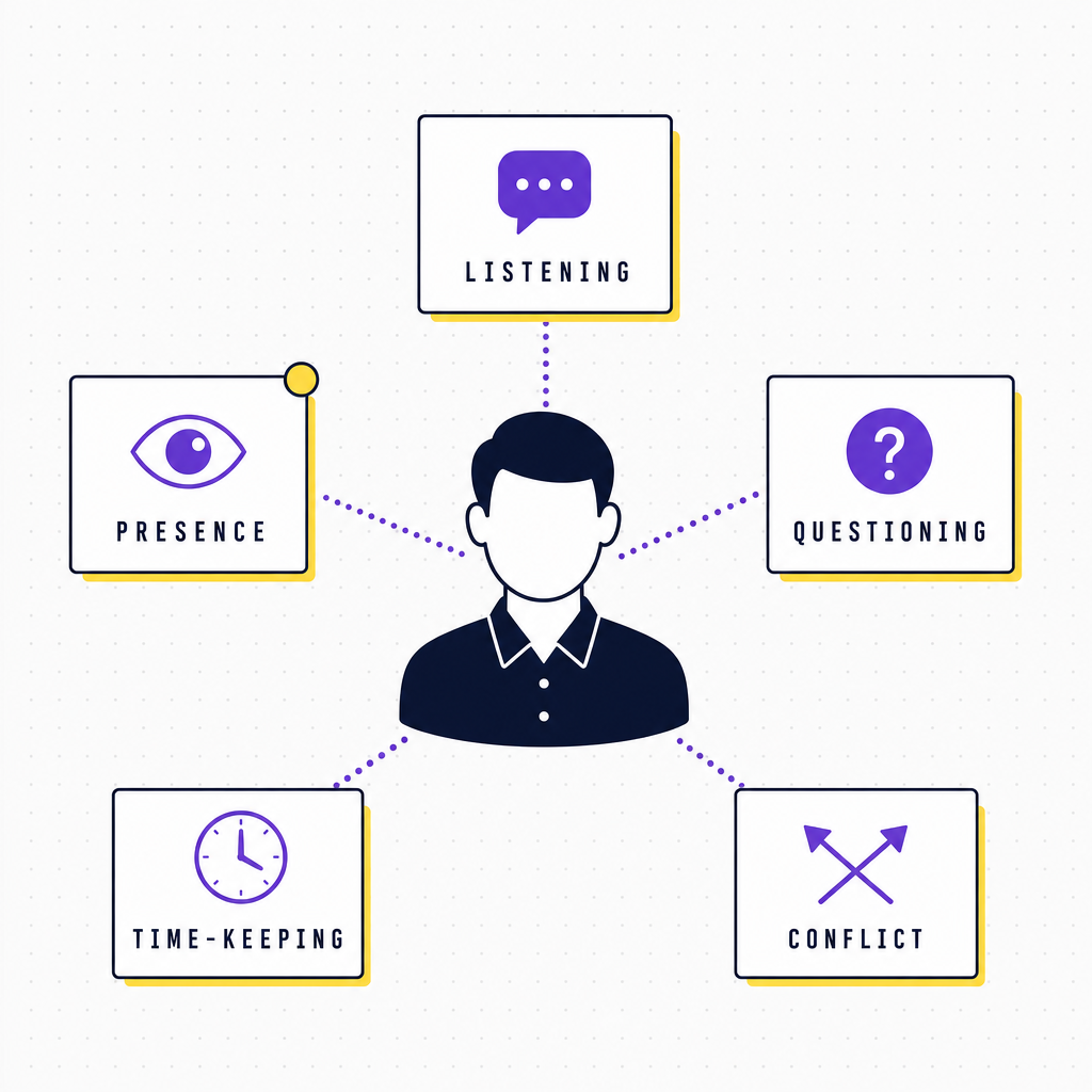 A clean editorial illustration of a facilitator skill set shown as labelled cards, presence, listening, questioning, time-keeping, and conflict-handling, around a central neutral figure, in the Team Building Bot house style