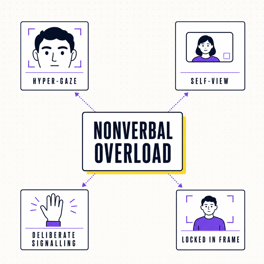 A diagram of the four drivers of nonverbal overload on video calls, hyper-gaze, self-view monitoring, deliberate signalling effort, and reduced physical movement, in the Team Building Bot house style