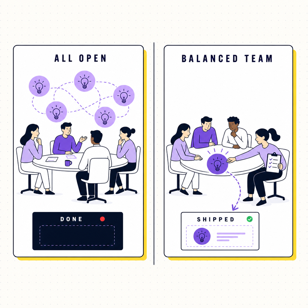 A two-panel schematic: on the left, an all-open team with five sketchy idea bubbles drifting above the table and nothing finished; on the right, a balanced team with one idea bubble being moved into a finished output card, in the Team Building Bot house style