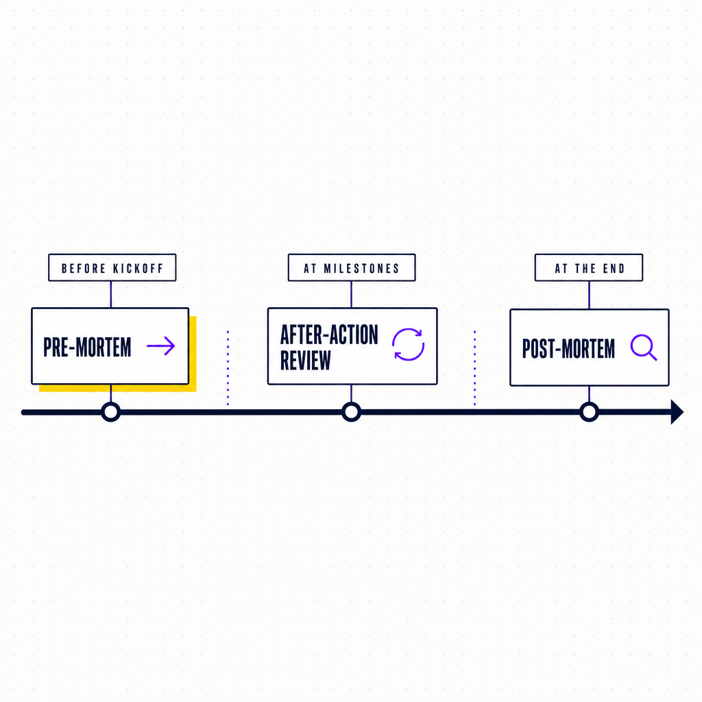 A horizontal project timeline with three labelled markers, a pre-mortem before kickoff, an after-action review at the milestones in the middle, and a post-mortem at the end, in the Team Building Bot house style