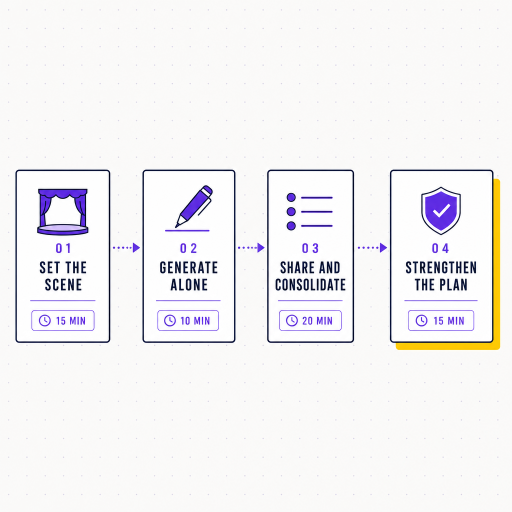A four-phase pre-mortem agenda shown as a left-to-right flow: set the scene fifteen minutes, generate reasons alone ten minutes, share and consolidate twenty minutes, strengthen the plan fifteen minutes, in the Team Building Bot house style
