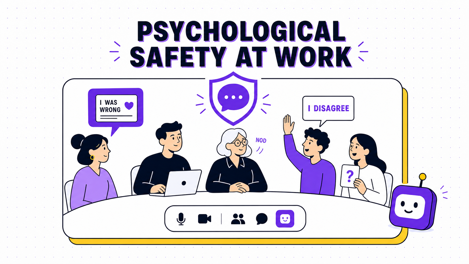 An editorial illustration of a team meeting where people speak up, admit mistakes and disagree without fear, in the Team Building Bot house style
