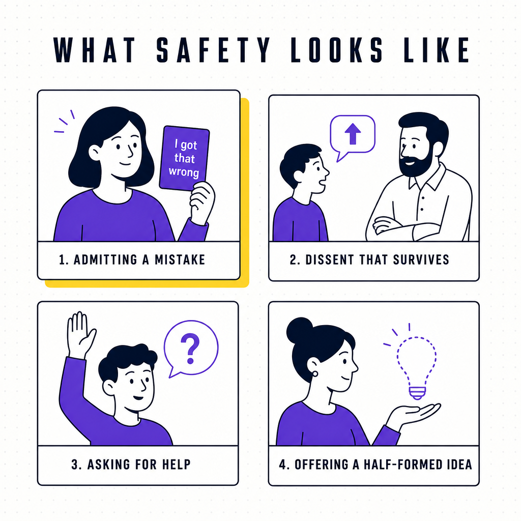 An editorial illustration showing observable signals of psychological safety in a meeting, including a mistake being admitted and a junior voice disagreeing, in the Team Building Bot house style