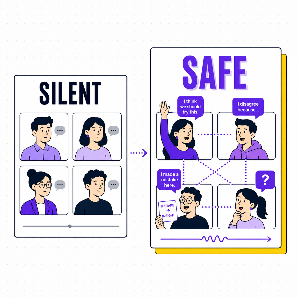 An editorial illustration contrasting a silent compliant meeting with a candid one where a participant raises a concern, in the Team Building Bot house style