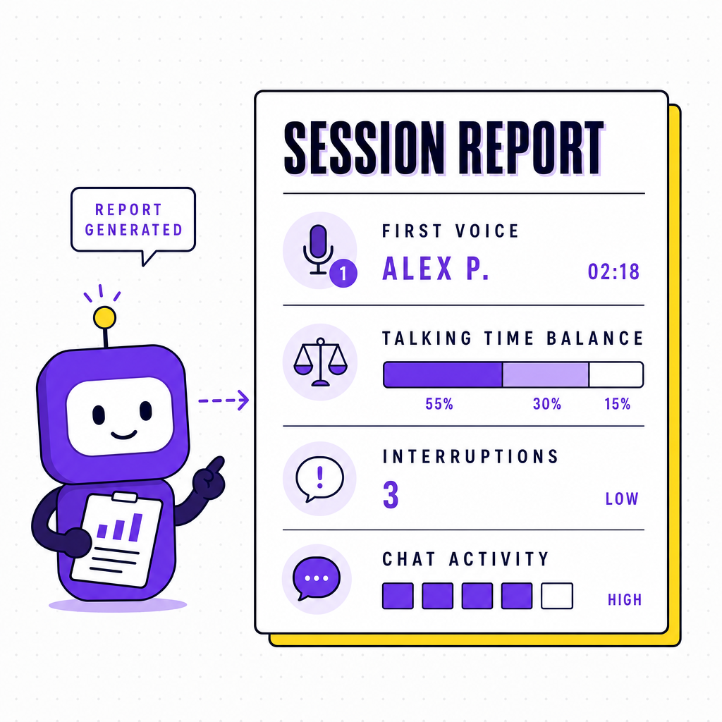 An editorial illustration of a Team Building Bot report card summarising a remote session by first-voice, talk-time balance, interruptions and chat activity, in the Team Building Bot house style