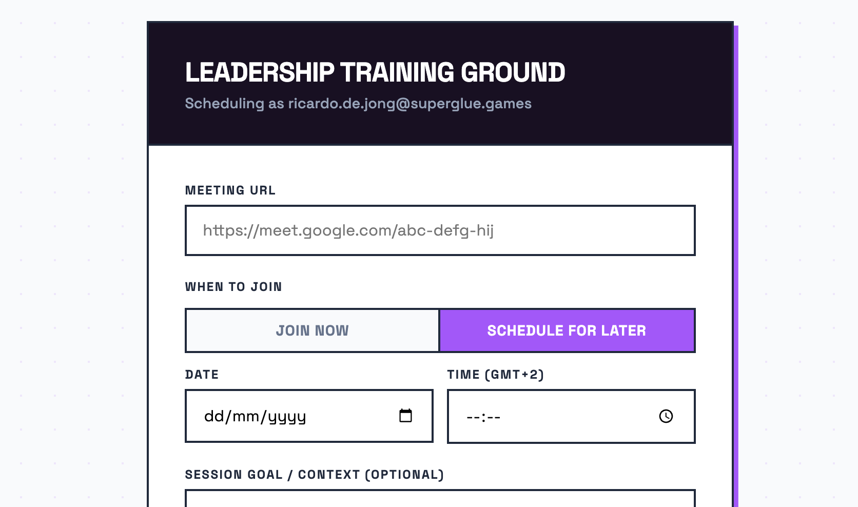 The Team Building Bot scheduling form showing the new When to join control, with Join now and Schedule for later options and a date and time picker