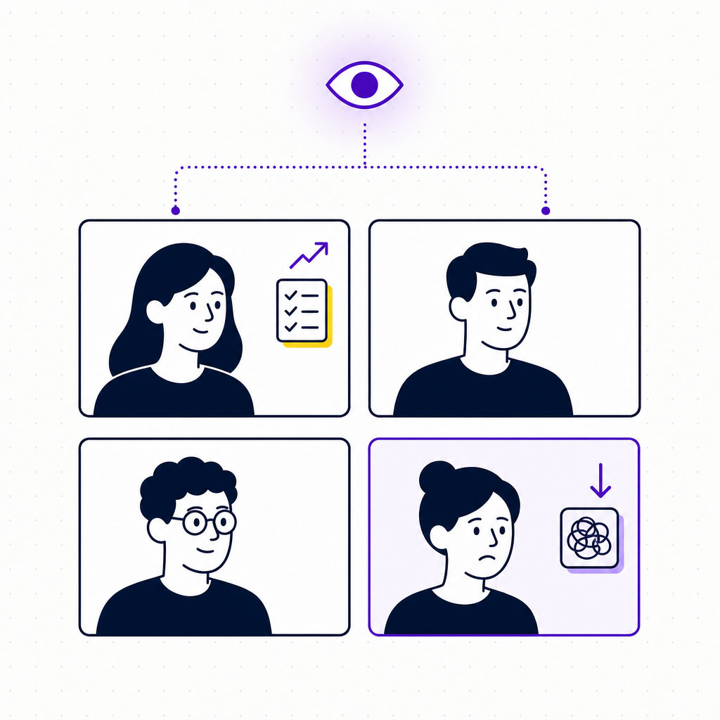 A clean editorial illustration of a video meeting grid where one participant's deep-work task slows under a glowing eye icon while a routine task speeds up, in the Team Building Bot house style