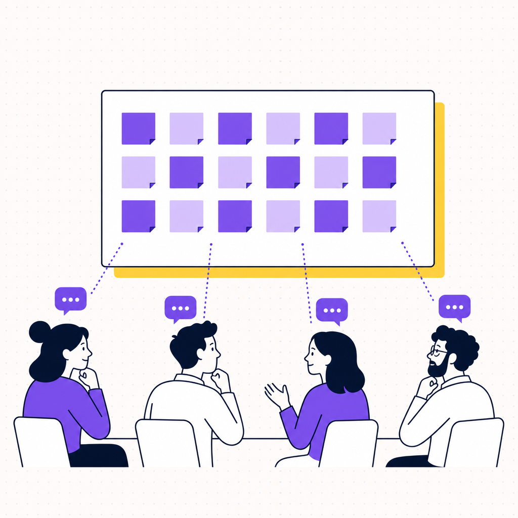 A schematic of a blameless retrospective with an anonymous wall of sticky notes and four team members participating equally, in the Team Building Bot house style