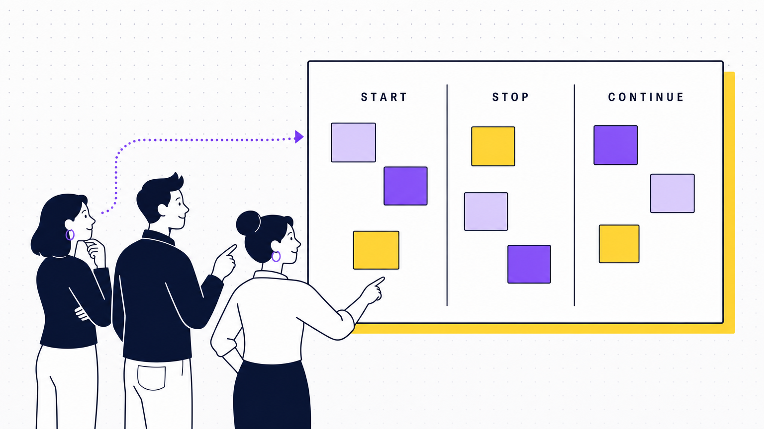 An editorial illustration of a non-engineering team gathered around a retrospective board split into Start, Stop and Continue columns, in the Team Building Bot house style