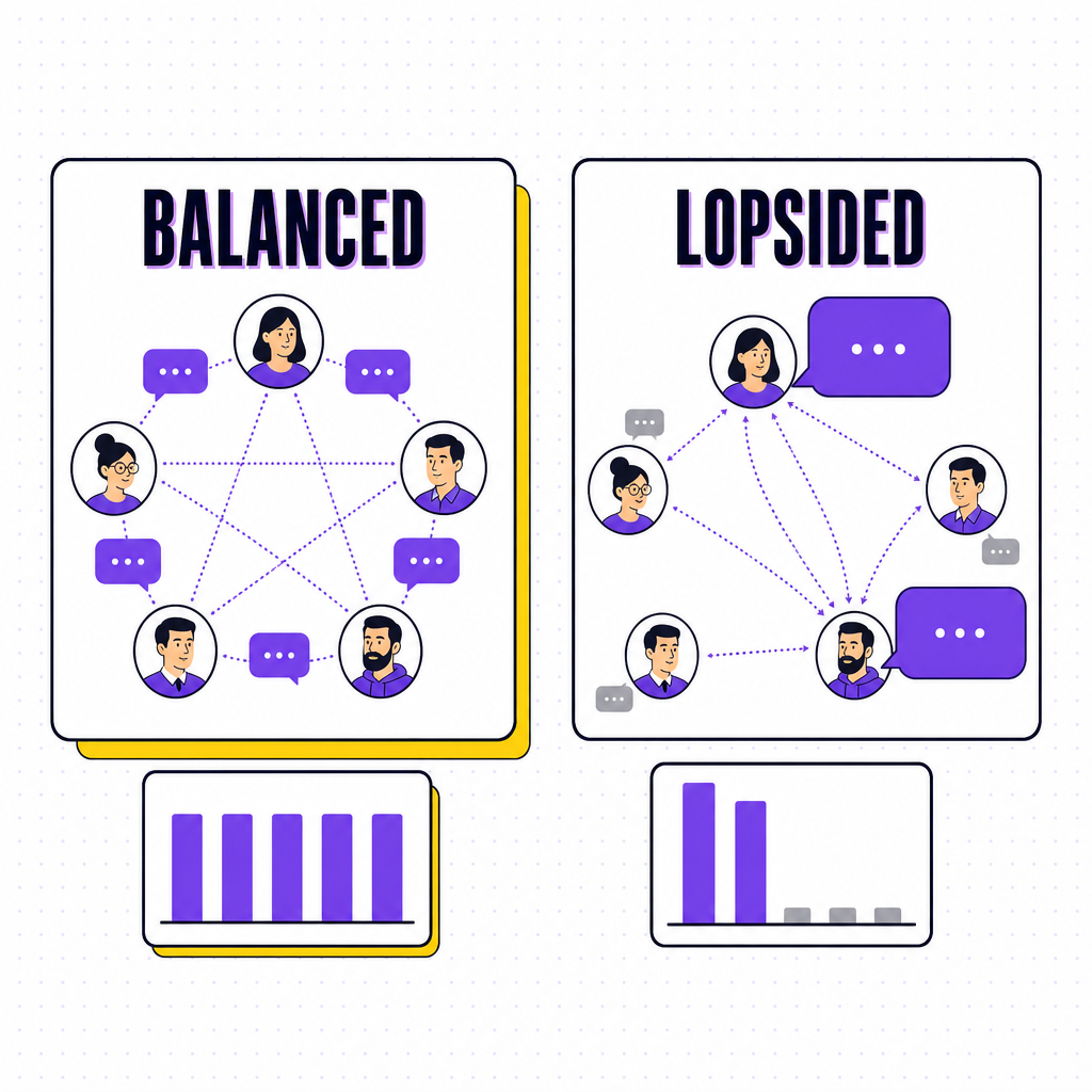 An editorial illustration contrasting a balanced meeting where airtime spreads evenly against a lopsided one dominated by two voices, in the Team Building Bot house style