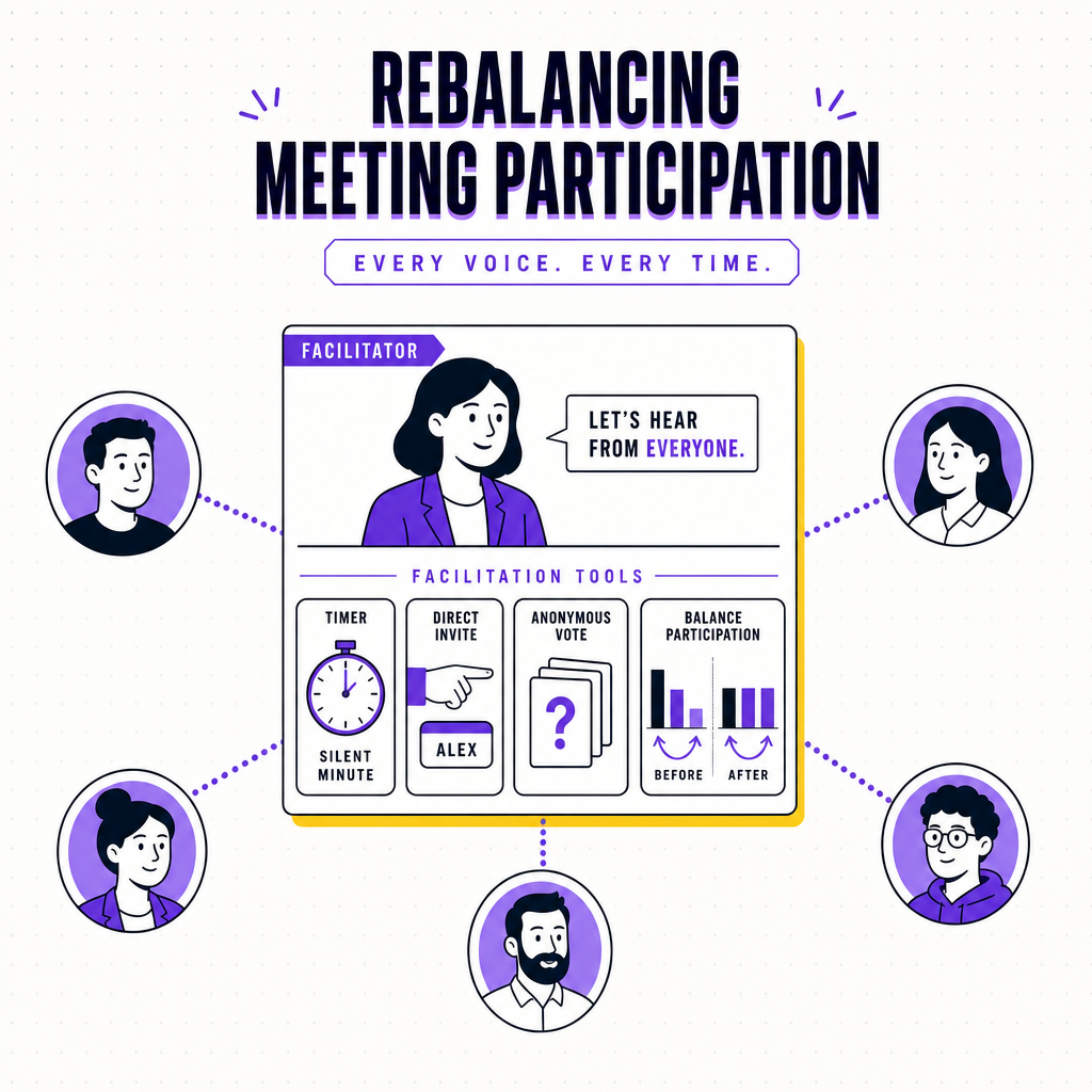 An editorial illustration of a facilitator using a timer and anonymous voting cards to spread participation across a previously lopsided meeting, in the Team Building Bot house style
