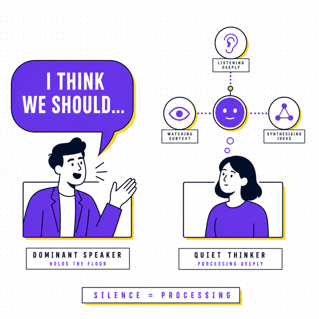 An editorial illustration of a quiet participant whose thinking is mapped as a rich internal diagram while a dominant speaker holds the floor, in the Team Building Bot house style