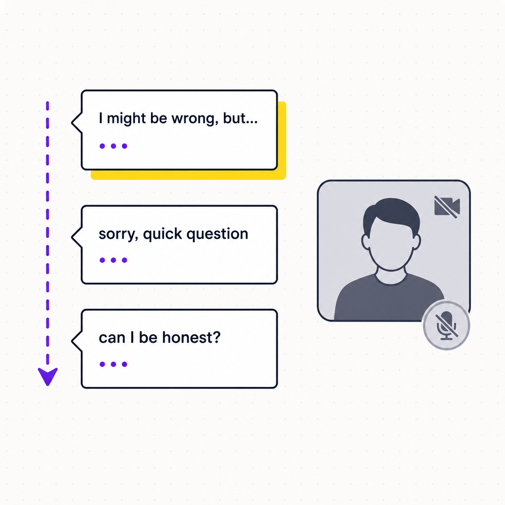 An editorial illustration of hedged, tentative speech bubbles and a team member sitting silently with their camera off, in the Team Building Bot house style