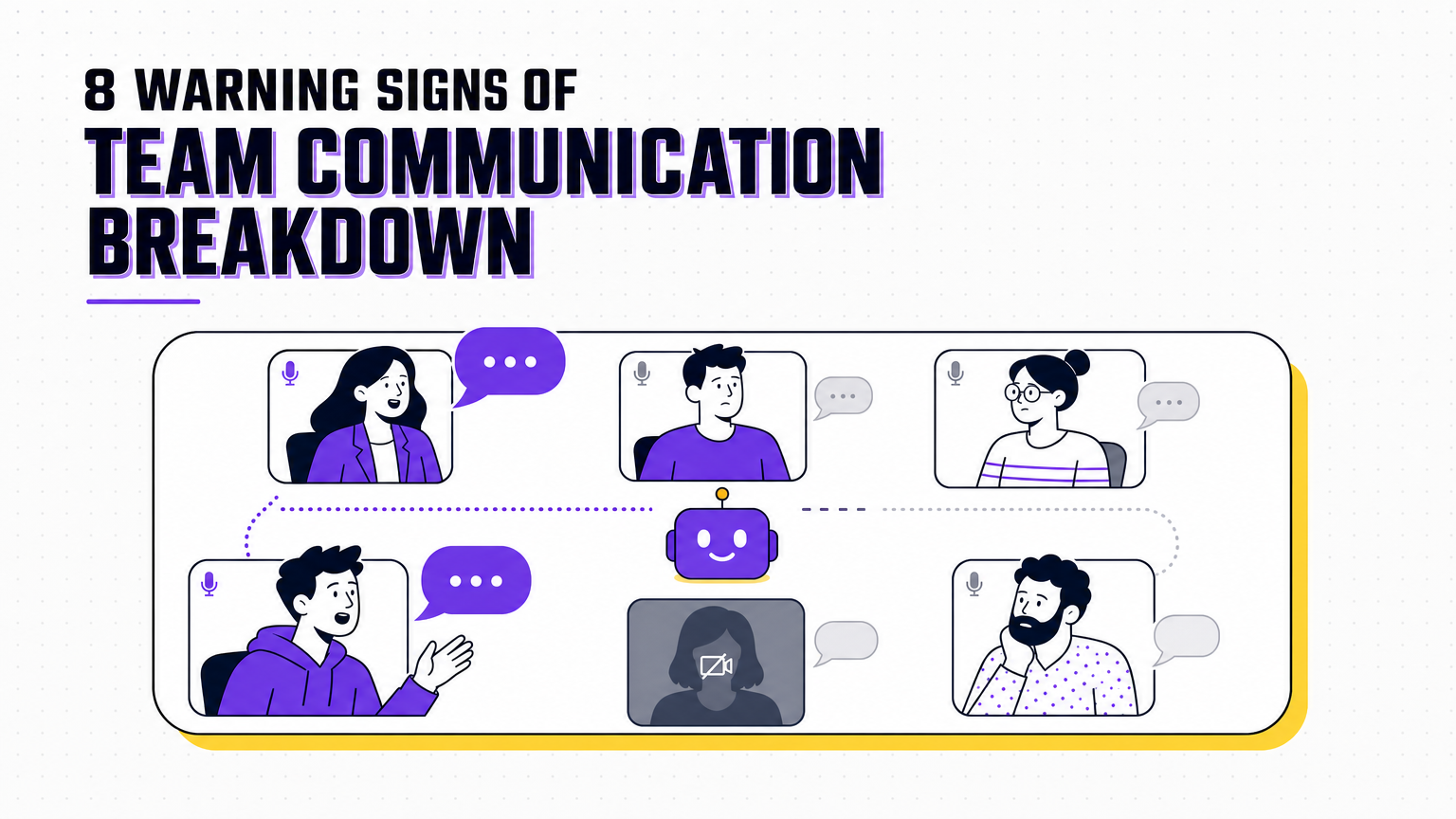 An editorial illustration of a team meeting where the conversation is visibly thinning out, in the Team Building Bot house style